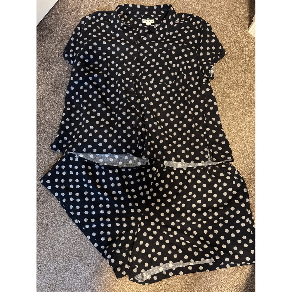 Ava & Viv Pajama Set Womens 1X/2X Black Seashell Print Excellent Short Sleeve